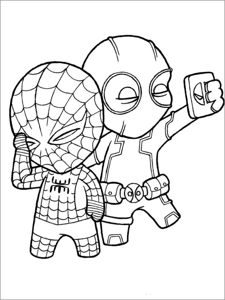 Chibi Deadpool- und Spiderman-Selfies coloring page