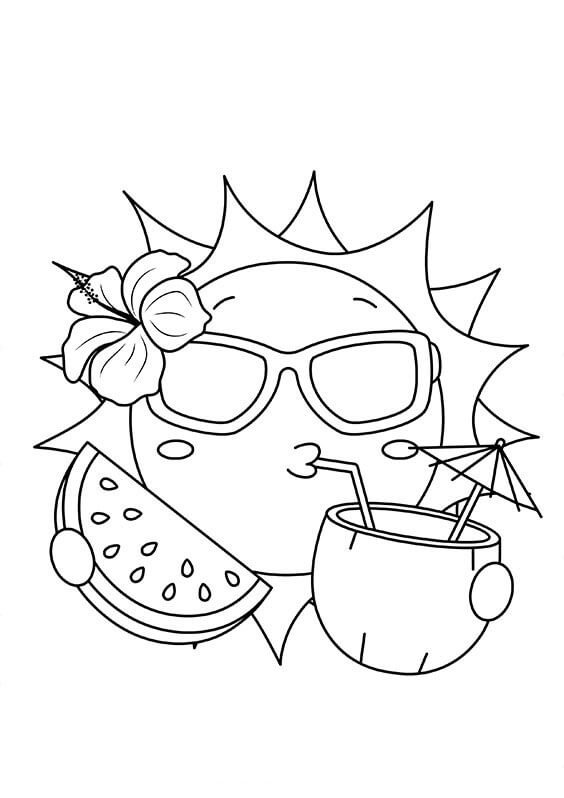 Die Sonne hält ein Stück Wassermelone und trinkt Kokoswasser