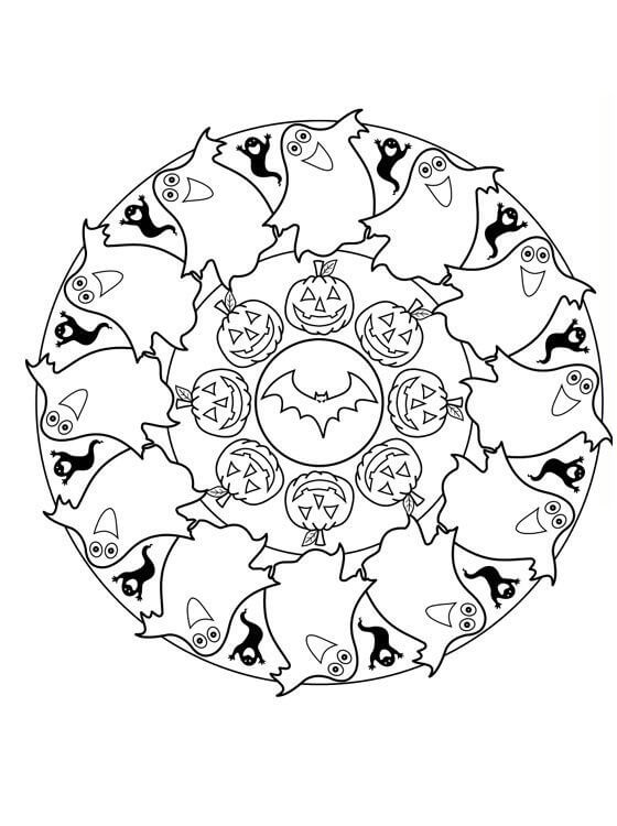 Geister mit Kürbissen im Halloween-Mandala
