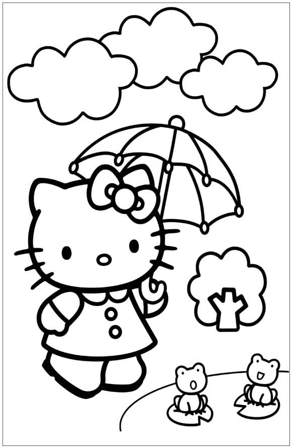 Hello Kitty hält einen Regenschirm mit zwei Fröschen