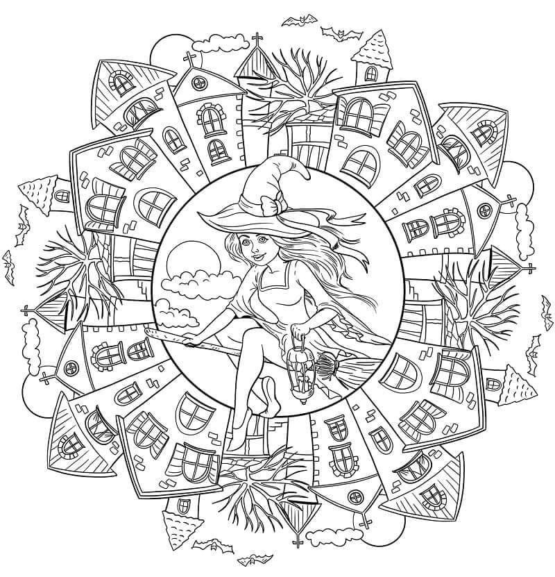 Kleine Hexe im Halloween-Mandala