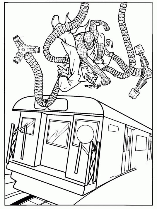 Spiderman und Dr. Octopus im Zug coloring page