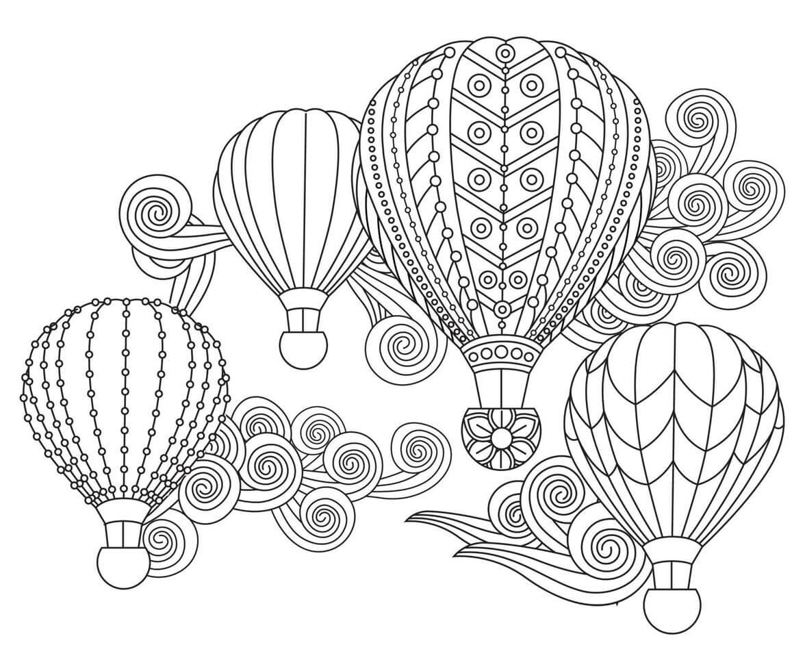 Vier Heißluftballons im Doodle-Stil