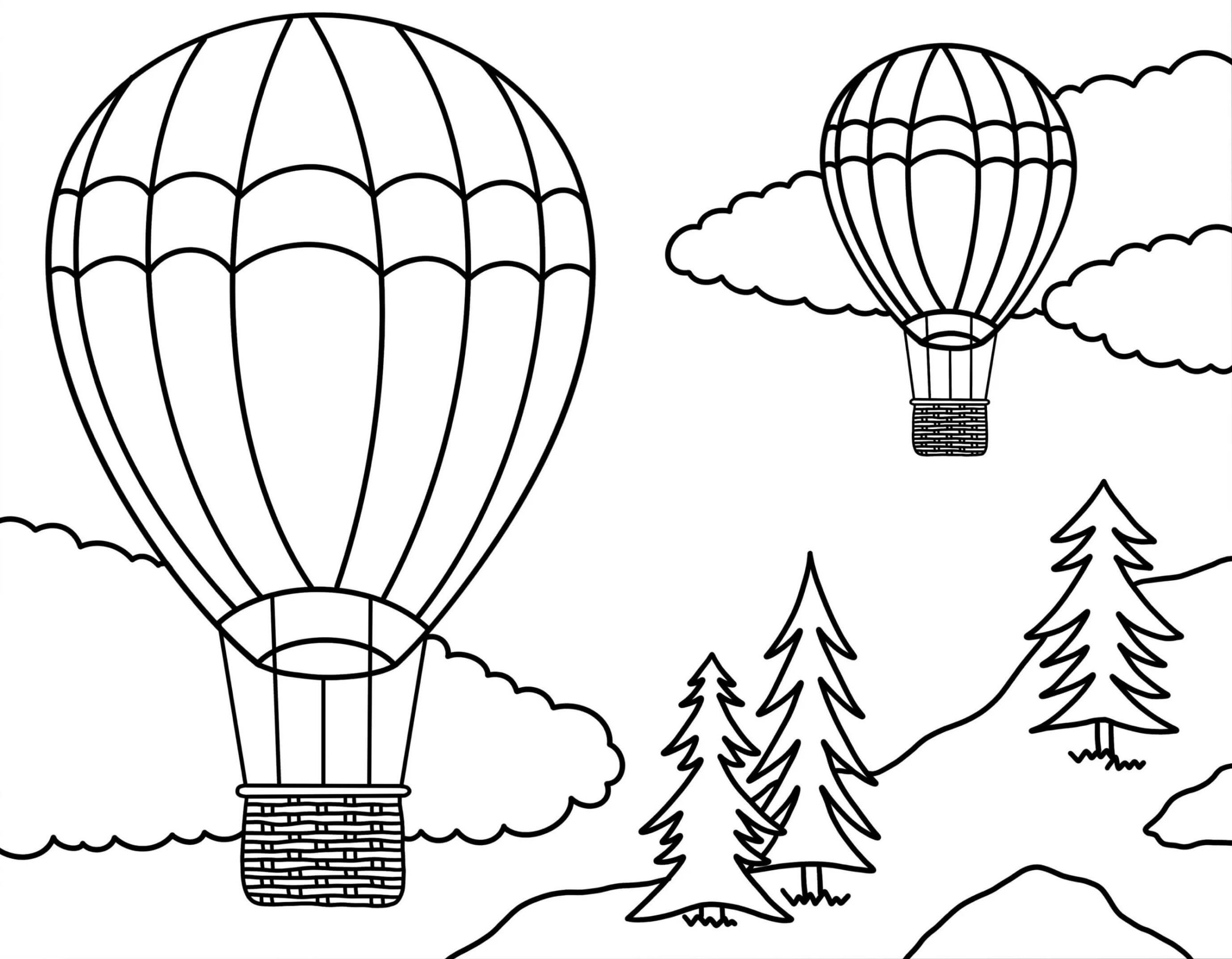 Zwei Heißluftballons mit Wolken und Bäumen