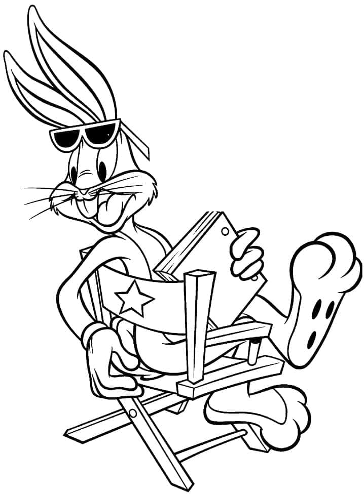 Bugs Bunny sitzt mit einem Buch auf einem Stuhl