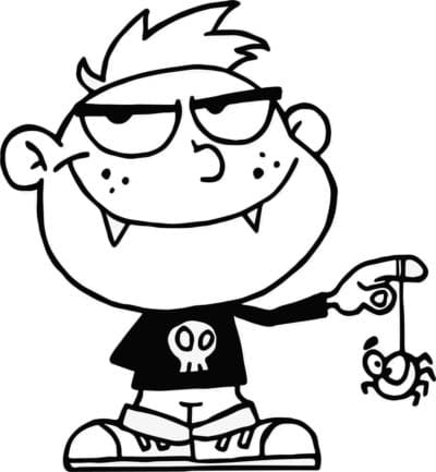 Ein kleiner Vampir spielt mit einer Spinne