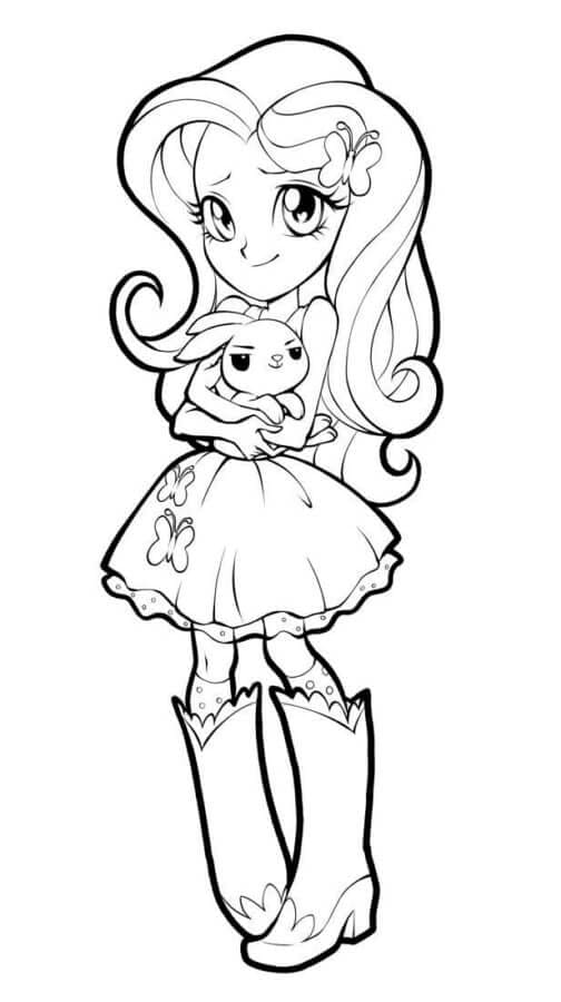 Freundliche und bescheidene Flatershy mit einem Plüschhasen