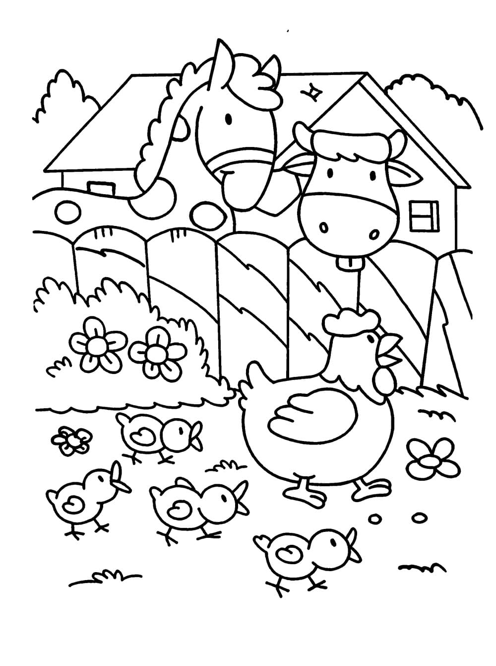 Kuh, Pferd und Huhn auf dem Bauernhof