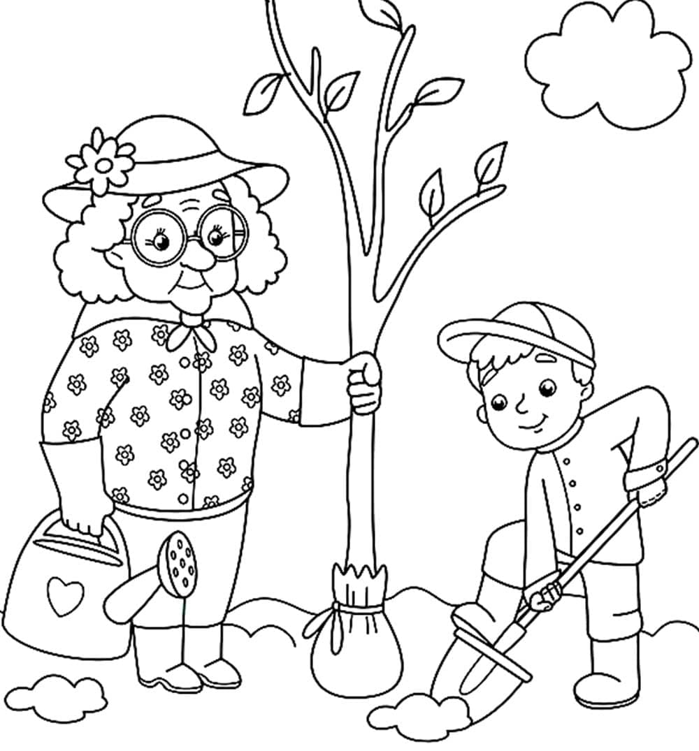 Oma pflanzt einen Baum