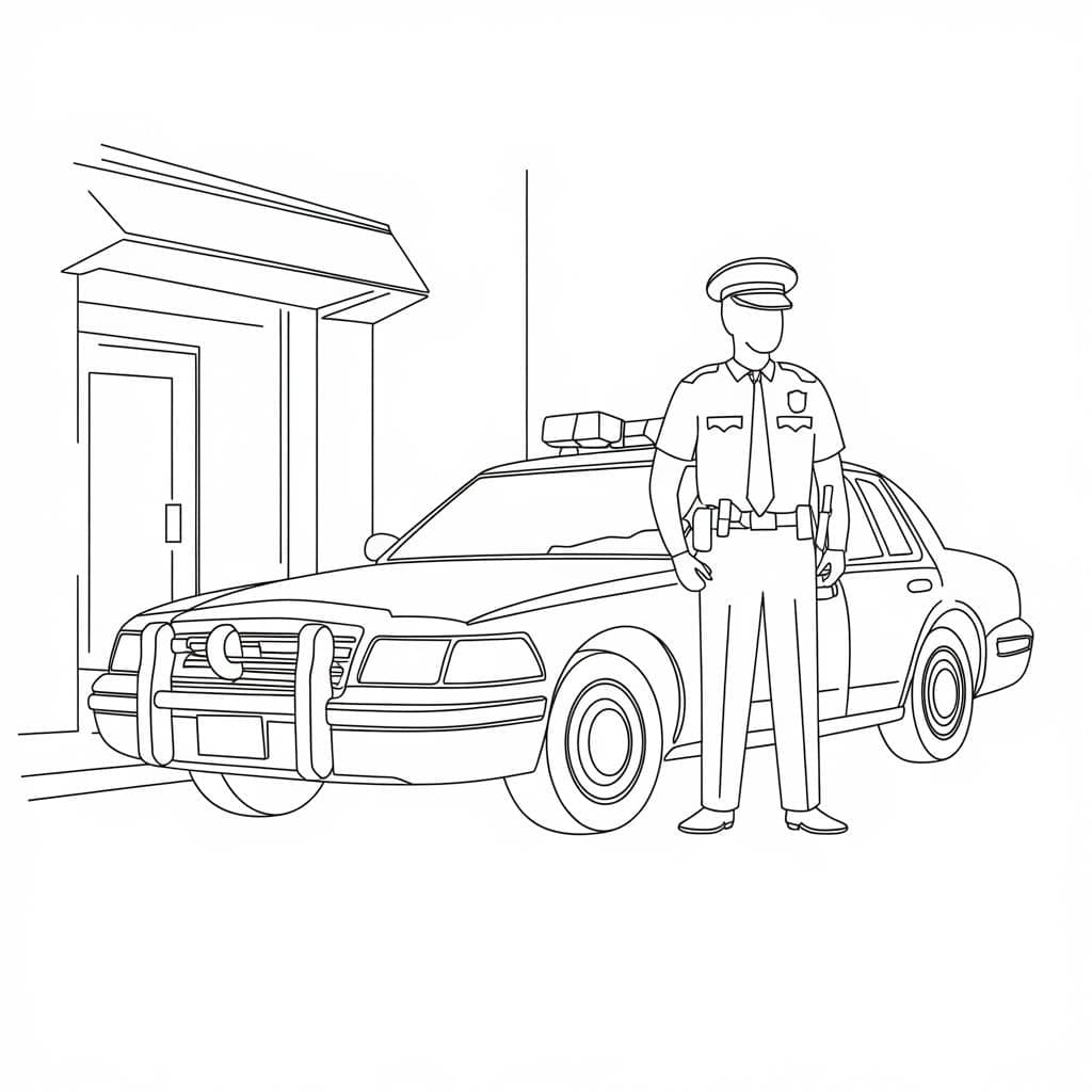 Ein Polizist mit einem Polizeiauto