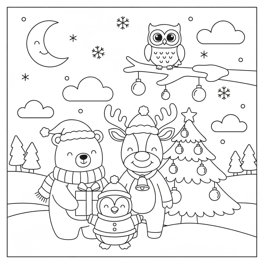 Zeichne Weihnachtstiere zum Ausdrucken für Kinder