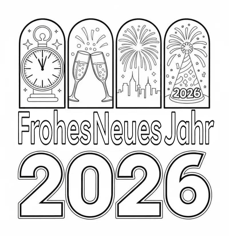 Frohes Neues Jahr 2026 druckbare schlicht