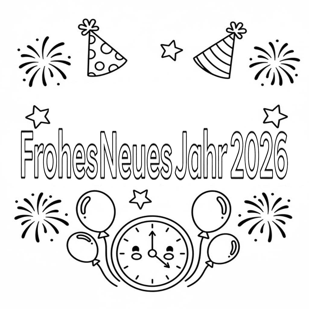 Frohes Neues Jahr 2026 zum Ausdrucken für Kinder