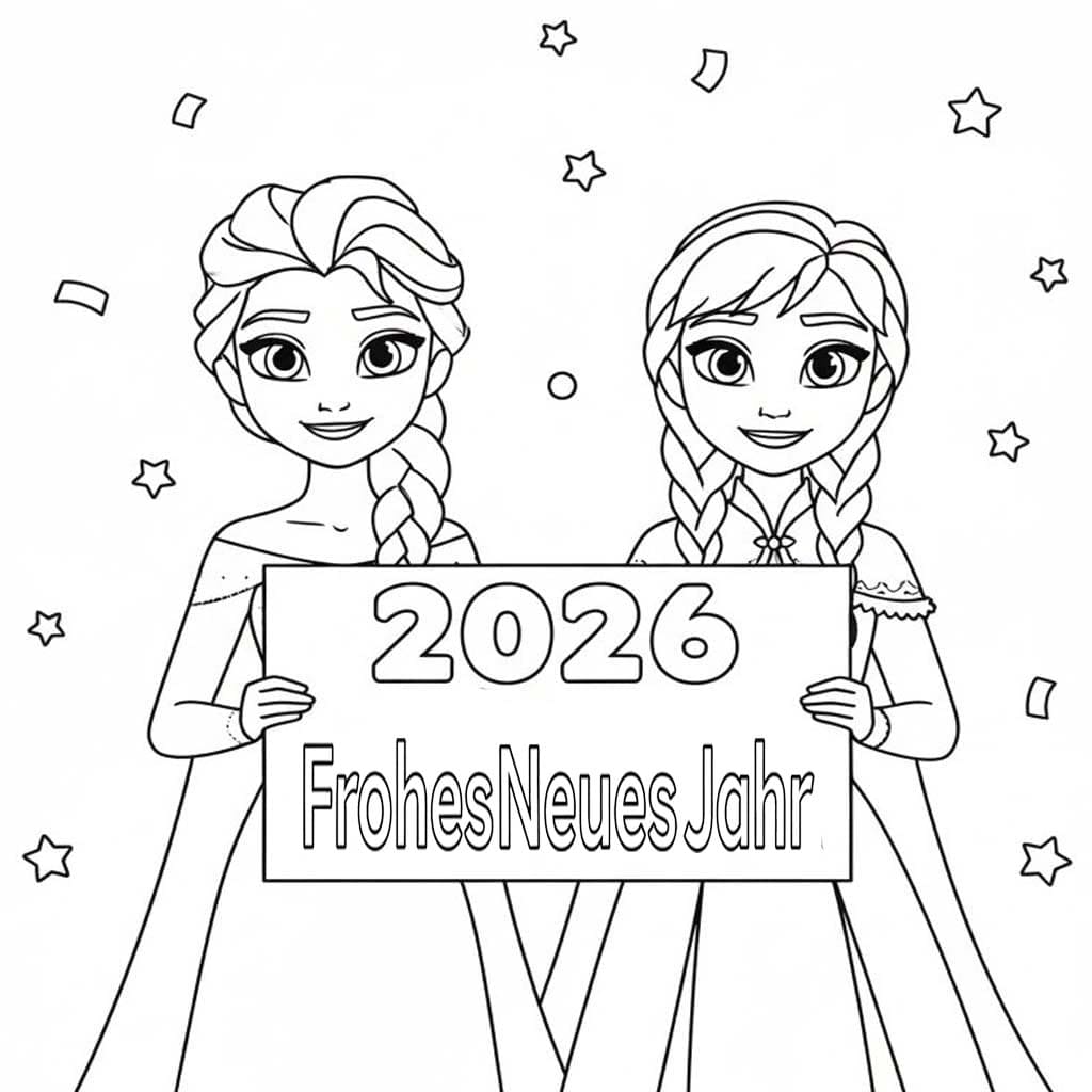 Zeichne Frohes Neues Jahr 2026 druckbare