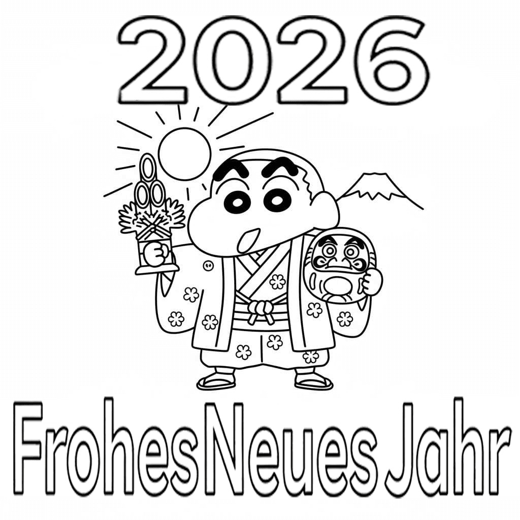 Zeichne Frohes Neues Jahr 2026 druckbare einfach