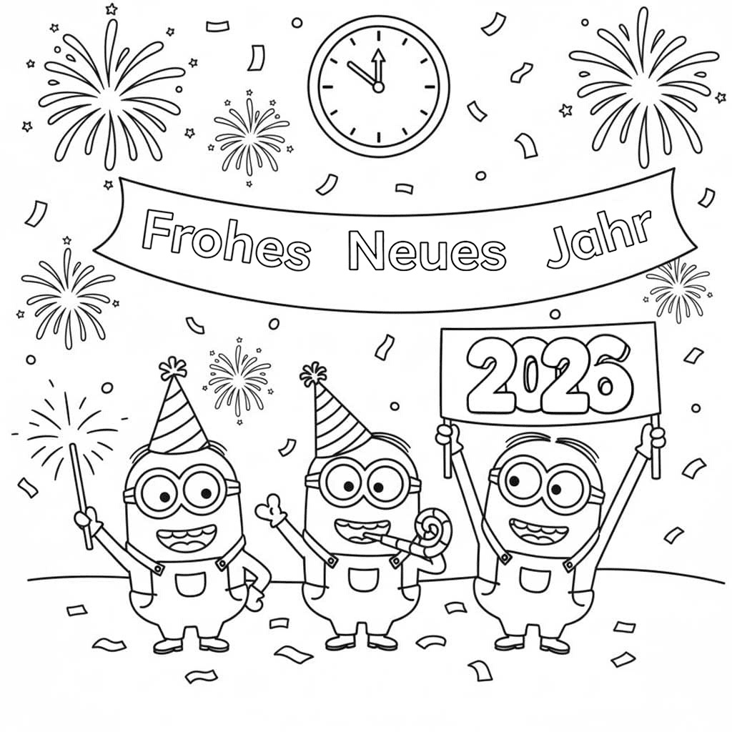 Zeichne Frohes Neues Jahr 2026 für Kinder