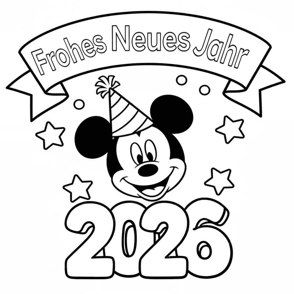 Zeichne Frohes Neues Jahr 2026 kostenlos basisch