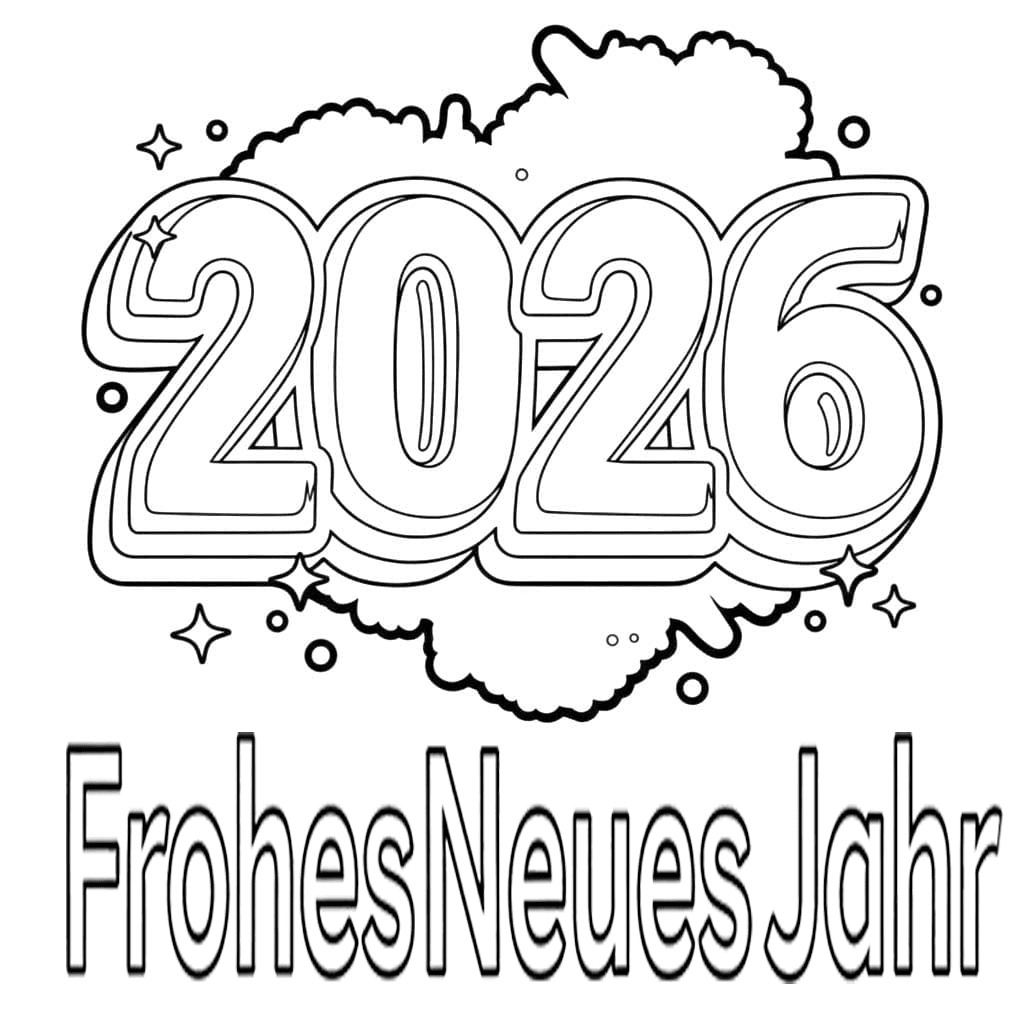 Zeichne Frohes Neues Jahr 2026 zum Ausdrucken für Kinder
