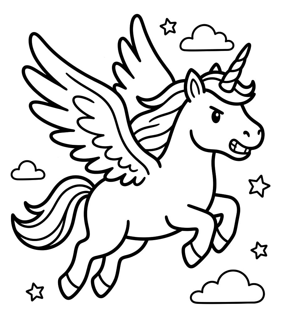 Zeichne Geflügeltes Einhorn druckbare einfach