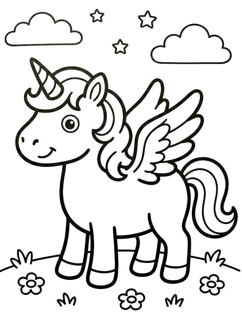 Zeichne Geflügeltes Einhorn kostenlos