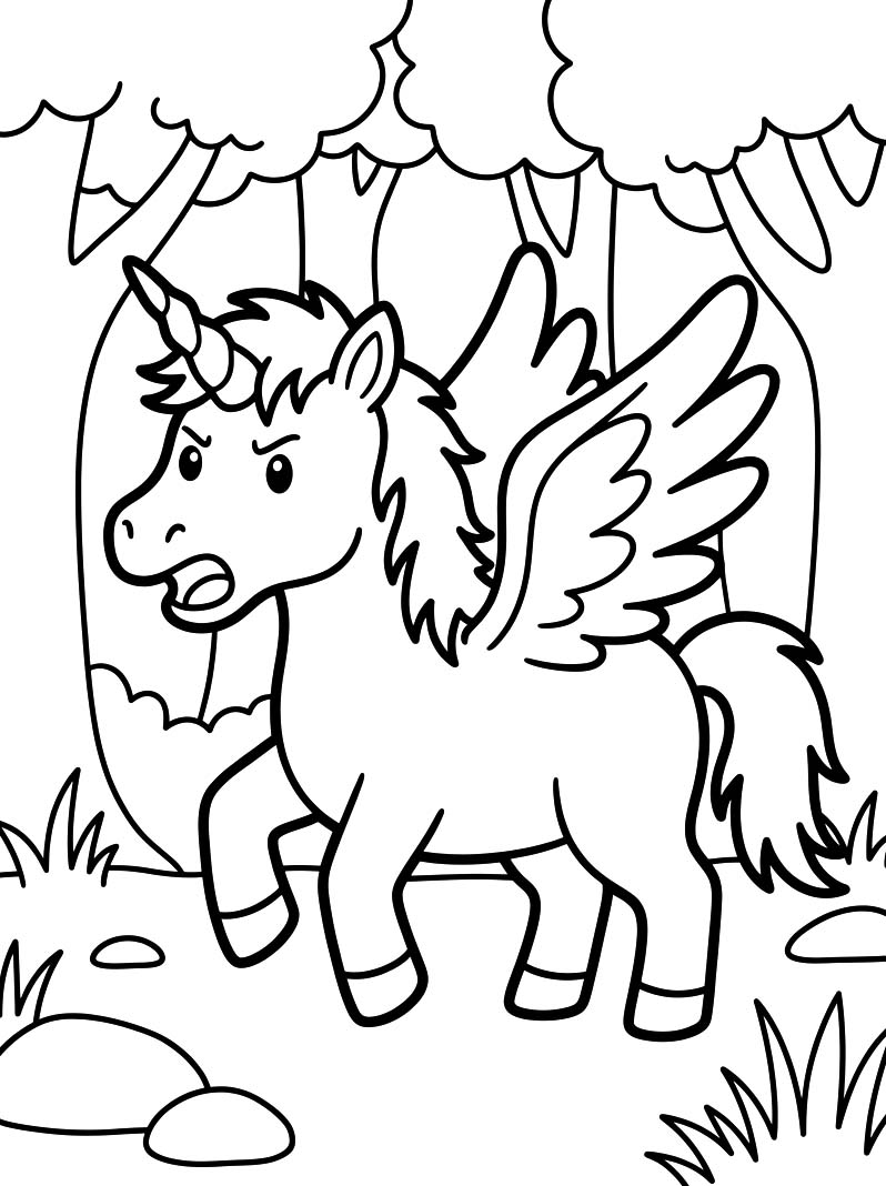 Zeichne Geflügeltes Einhorn kostenlos druckbare schlicht
