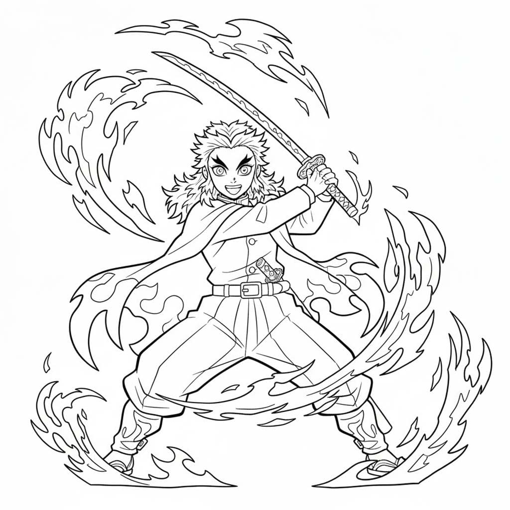 Zeichne Kyojuro Rengoku kostenlos druckbare schlicht coloring page