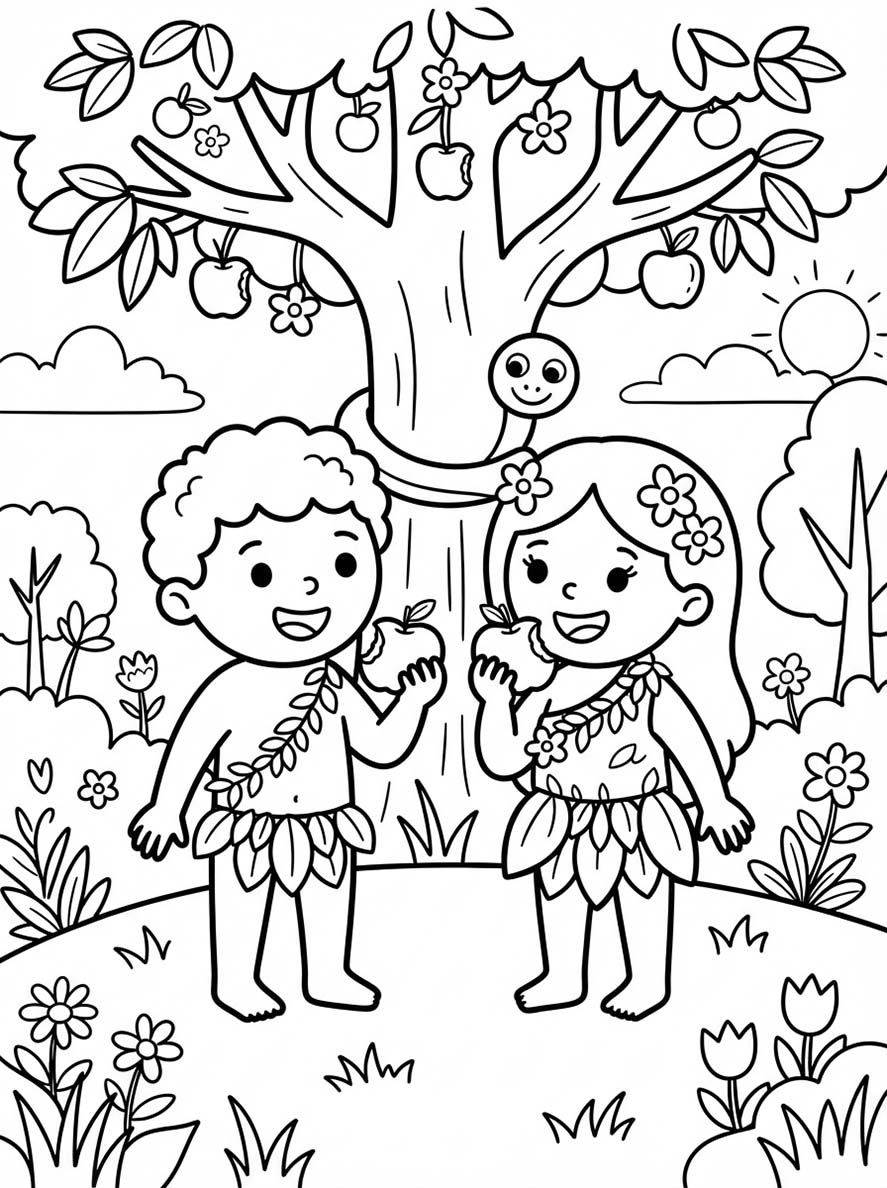 Zeichne Adam und Eva kostenlos für Kinder