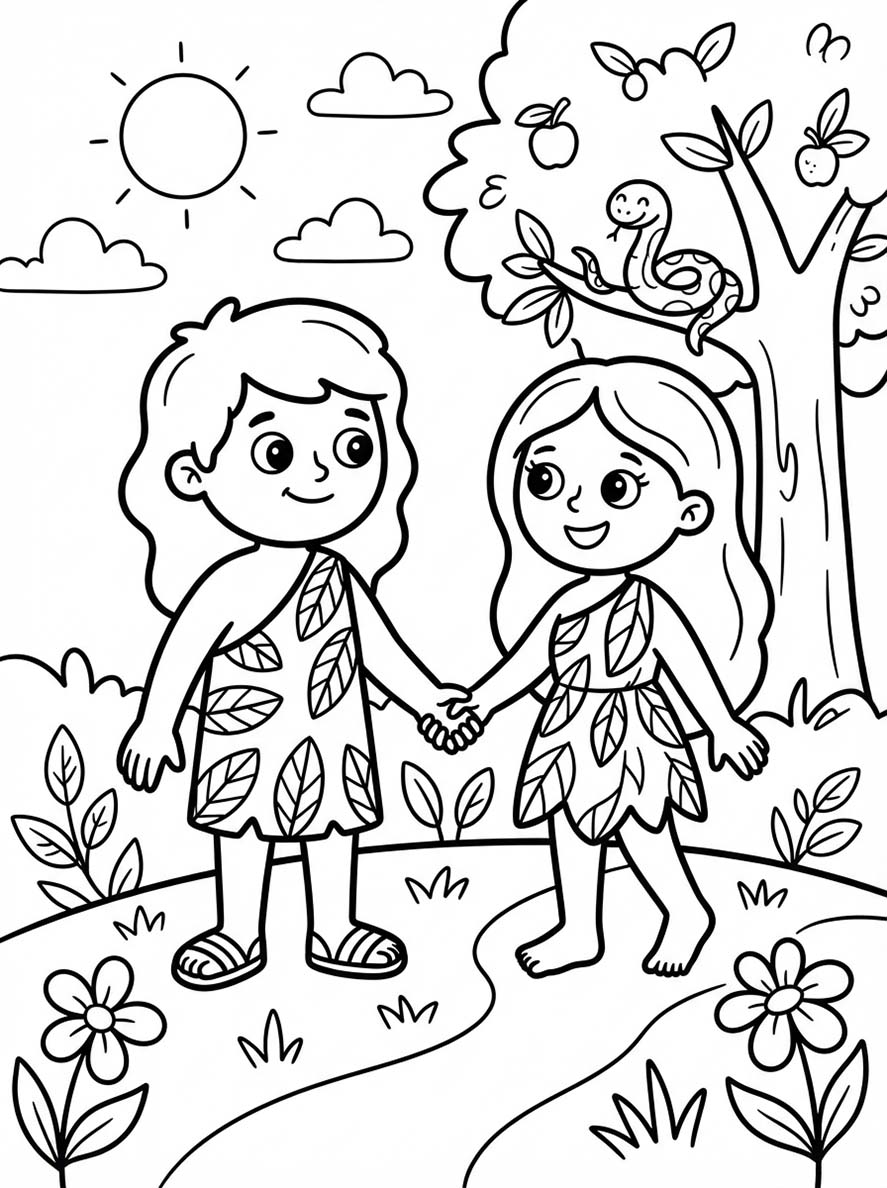 Zeichne Adam und Eva zum Ausdrucken für Kinder
