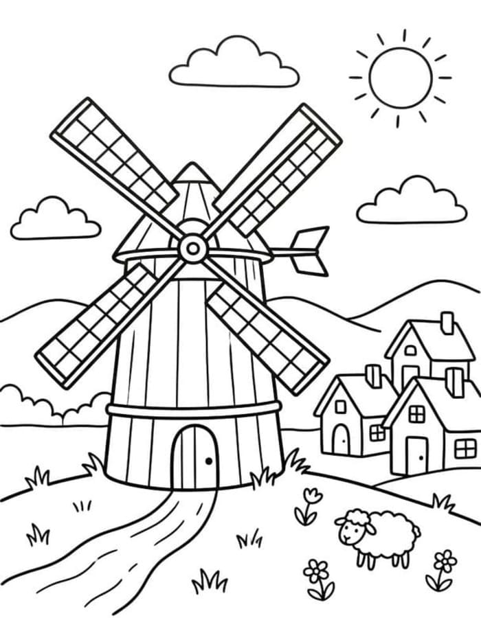 Zeichne Windmühle kostenlos druckbare basisch