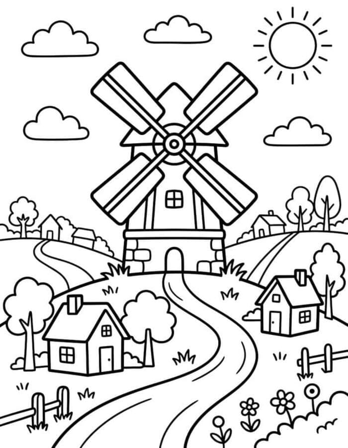 Zeichne Windmühle kostenlos druckbare einfach