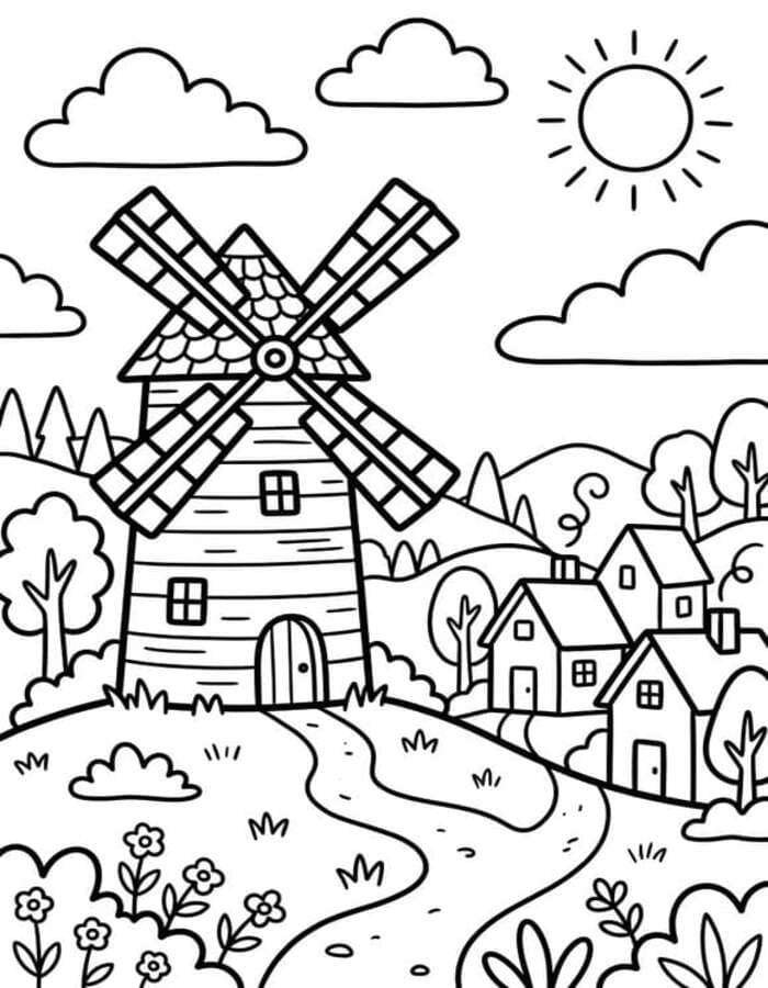 Zeichne Windmühle zum Ausdrucken