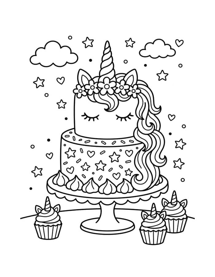 Zeichne Einhornkuchen kostenlos druckbare