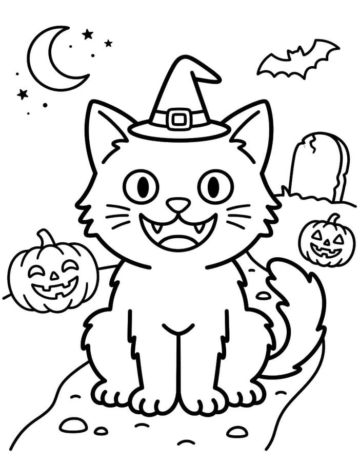 Zeichne Halloween Katze kostenlos druckbare schlicht