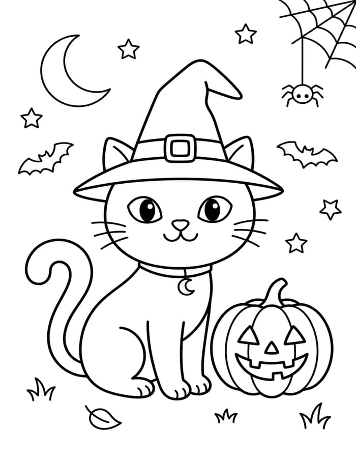 Zeichne Halloween Katze kostenlos für Kinder